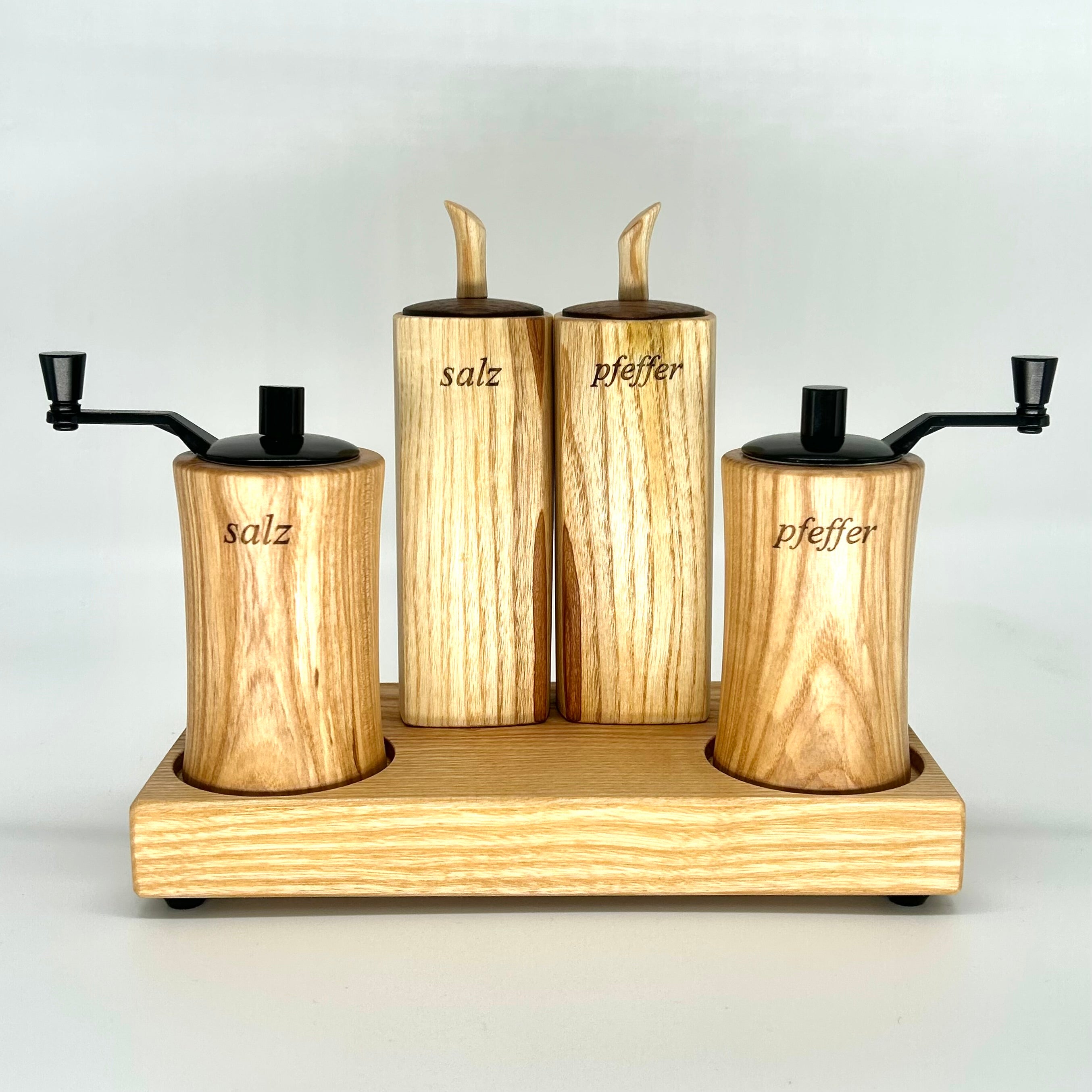 Gewürzmühlen Set  mit Kurbel-Esche "Salz & Pepper mit Vorratsdöschen " - daskuechenholz